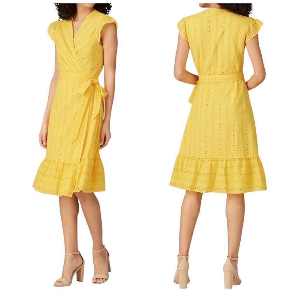 Draper James Yellow Eyelet Wrap Dress Size 10 Flutter Sleeve Midi